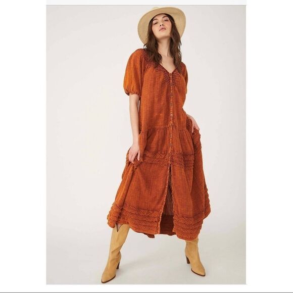 Free People Sunday Stroll Maxi Dress smocked oversized Small Burnt Clay Combo - Picture 1 of 14